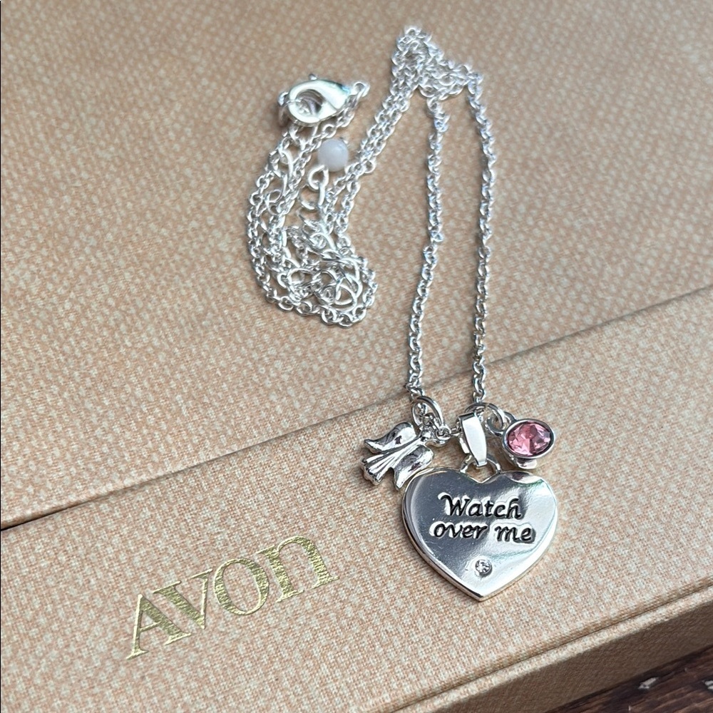 Avon Pink Hope Charm Watch Over Me 18" Silver Necklace Heart Angel Rhinestone